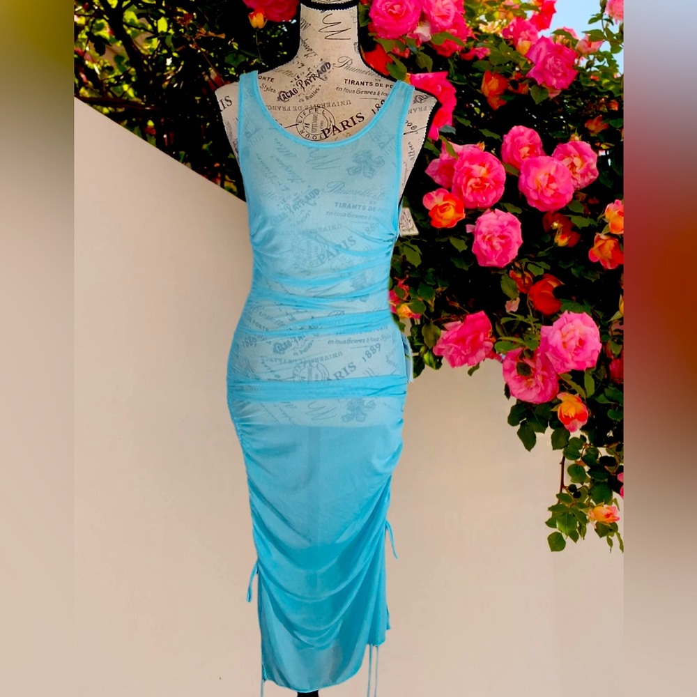 BECCA Light Blue Sleeveless Ruched Midi Dress sheer